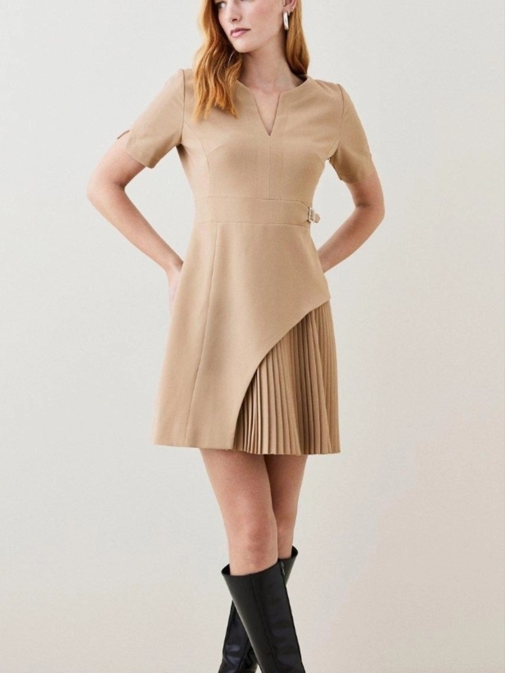Tan Asymmetrical Pleat Mini Dress with Buckle Detail
